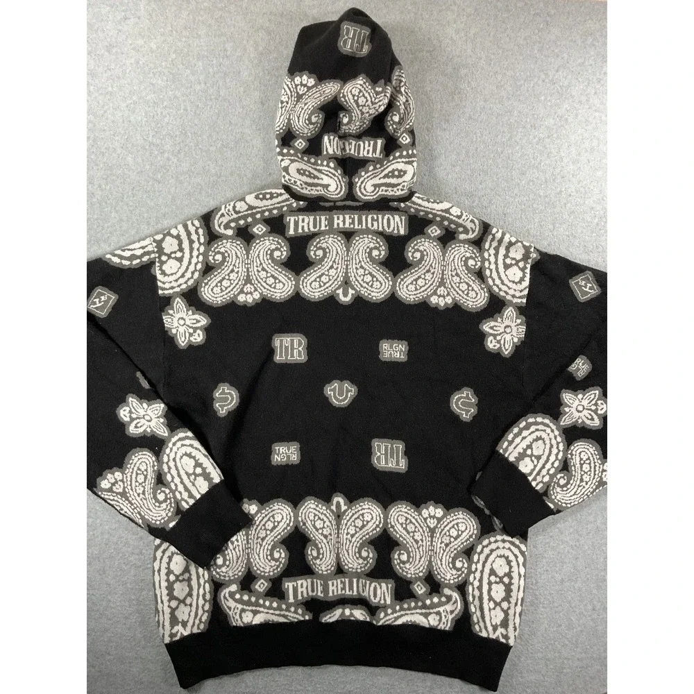 True Religion Mens Knitted Bandana Hoodie Black White Paisley Logo Sweater M 938